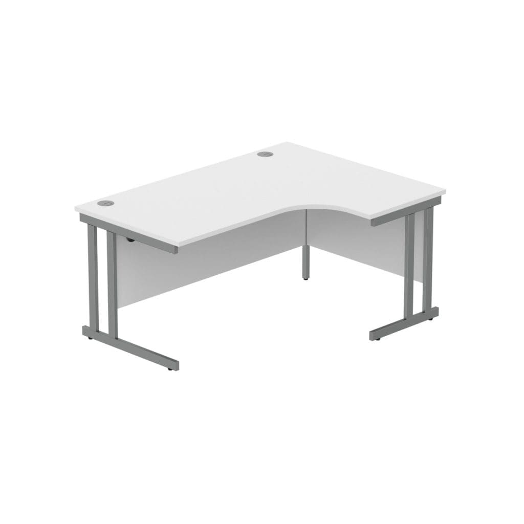 Right hand corner desk with steel cantilever frame, cable ports, and L-shaped wooden top in modern office setting