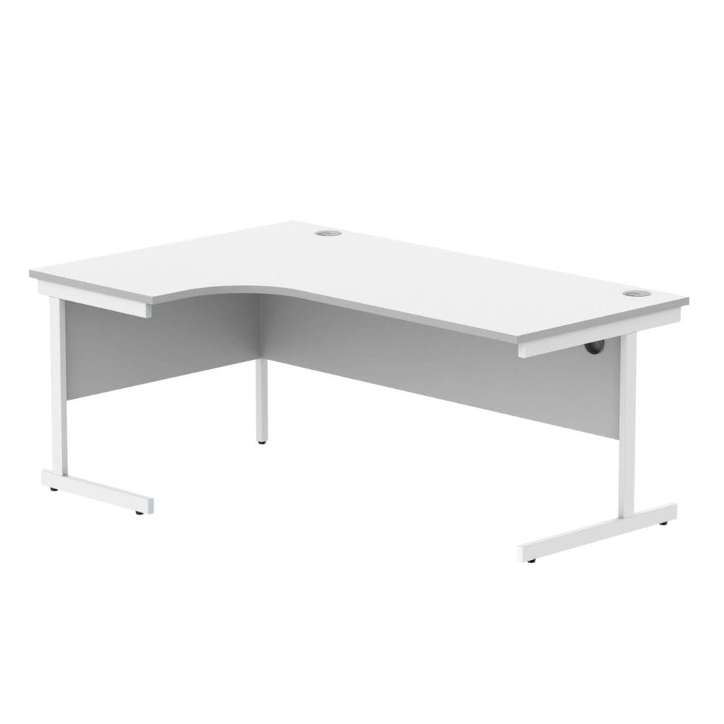 Left hand corner desk with single upright frame, wooden finish, and matching panels in a modern office