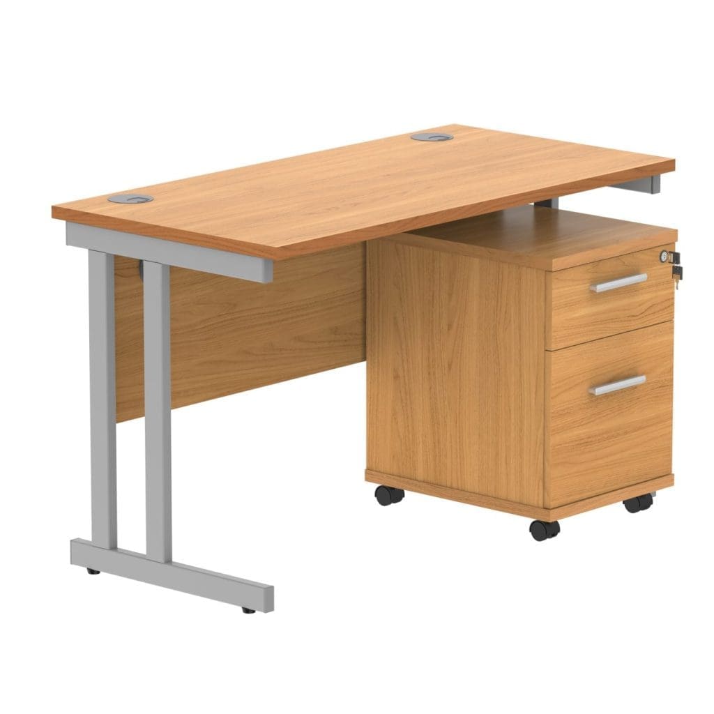 Rectangular office desk with double upright steel frame and 2-drawer mobile pedestal