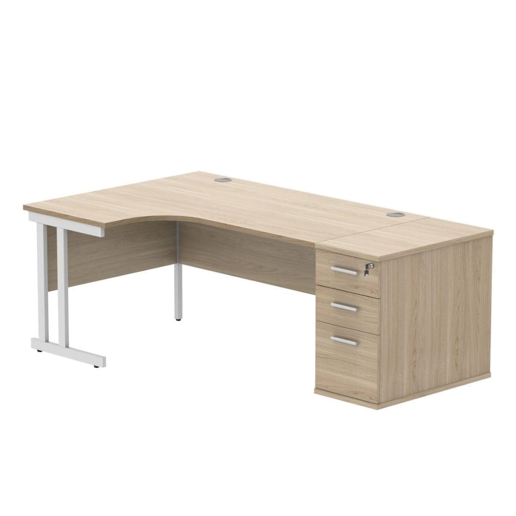 Left hand corner office desk with integrated 3-drawer pedestal and double upright silver frame