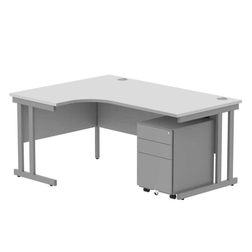 Left hand radial desk with steel frame and 3-drawer pedestal