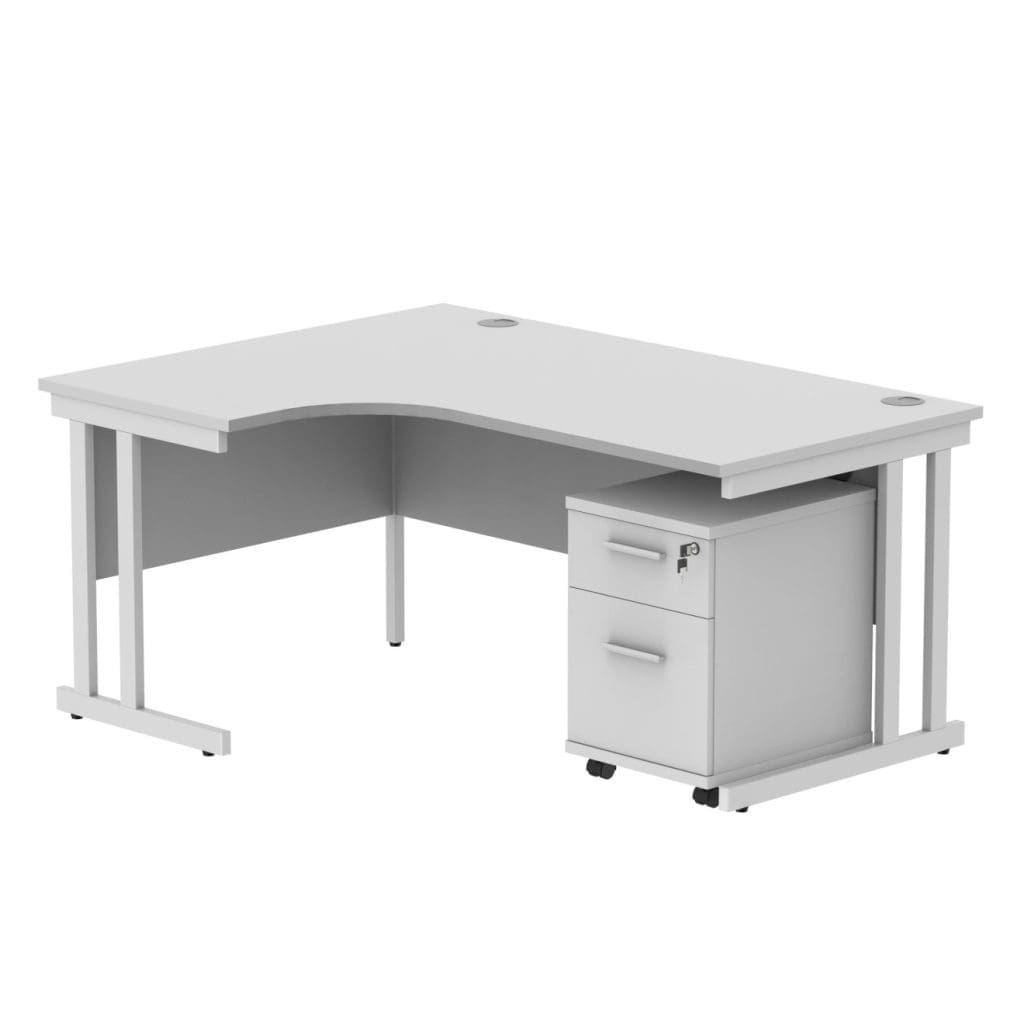 Left hand radial office desk with mobile pedestal and double upright frame