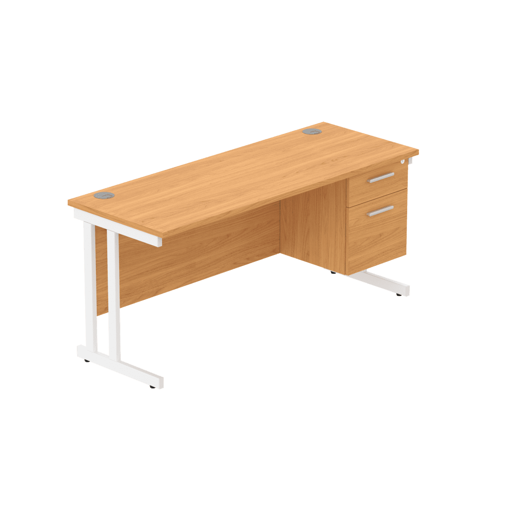 Rectangular office desk with steel cantilever frame and two-drawer pedestal