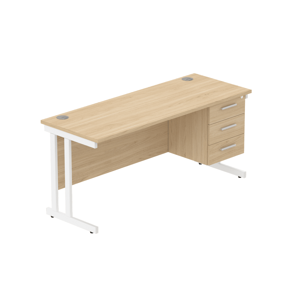 Rectangular desk with pedestal, steel cantilever frame, and modesty panel