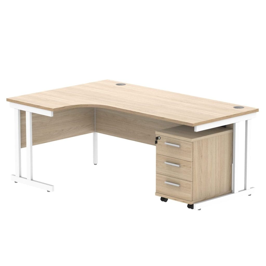 Left hand radial office desk with double frame and 3 drawer mobile pedestal
