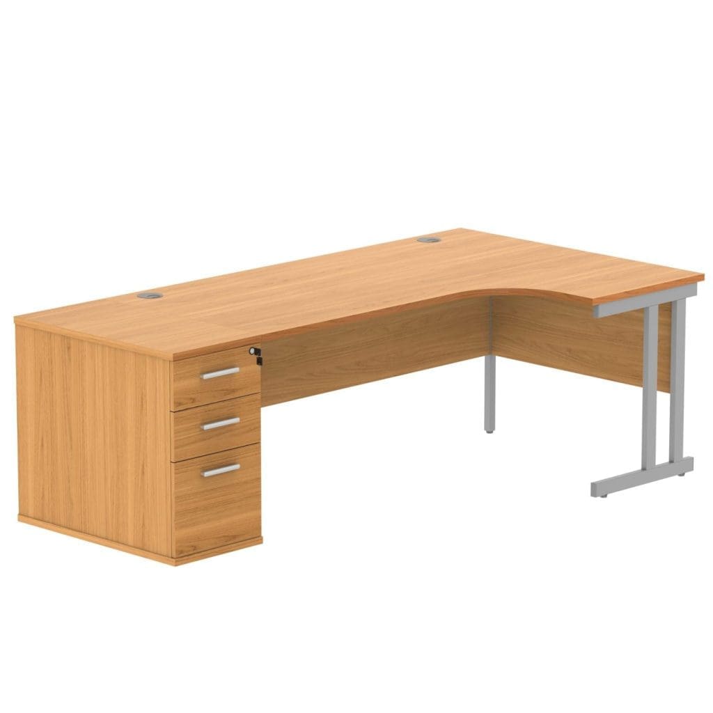 Right hand radial office desk with desk high pedestal and steel frame