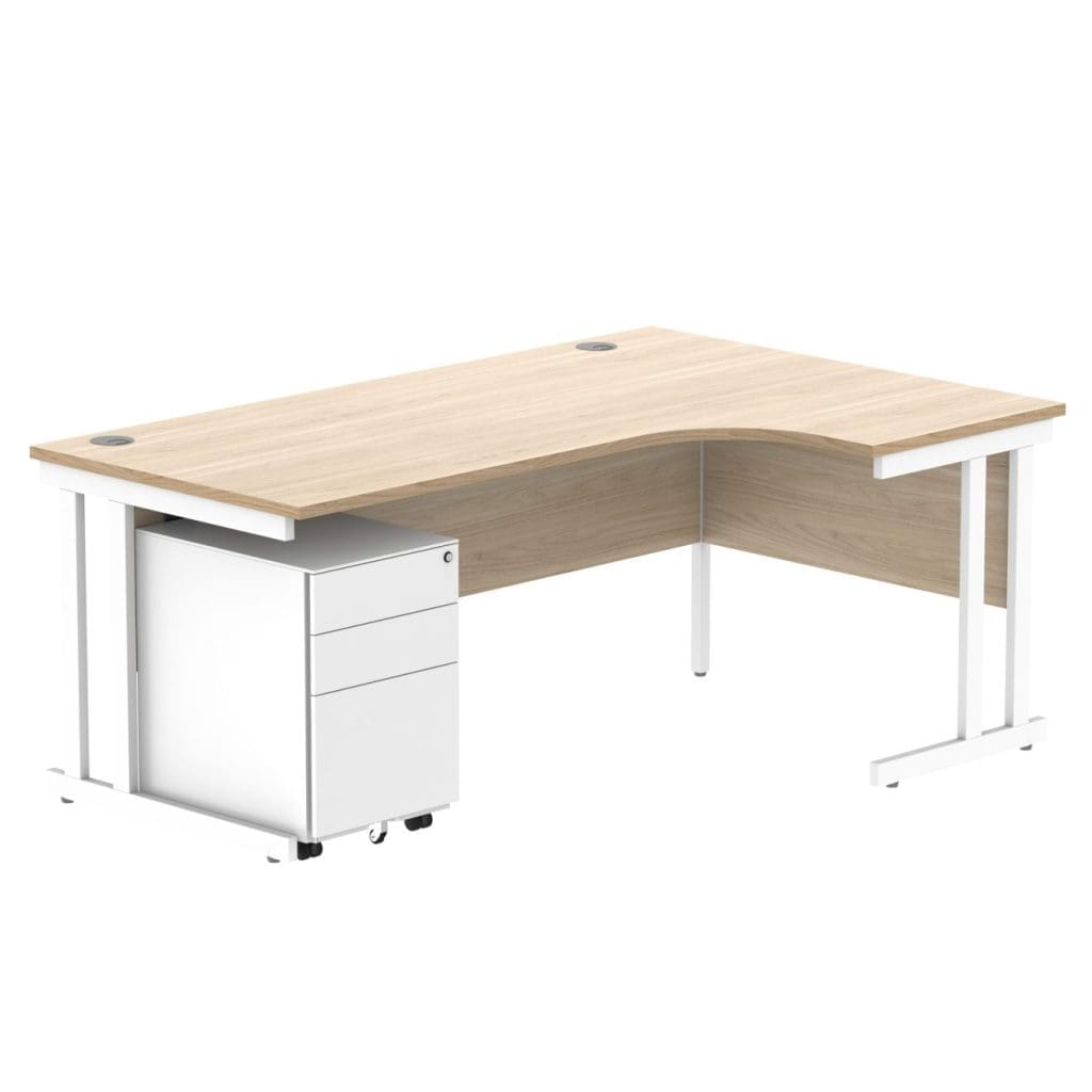 Right hand radial office desk with 3-drawer steel pedestal and double upright frame