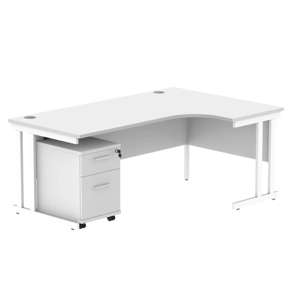 Right hand radial office desk with steel frame and 2-drawer mobile pedestal
