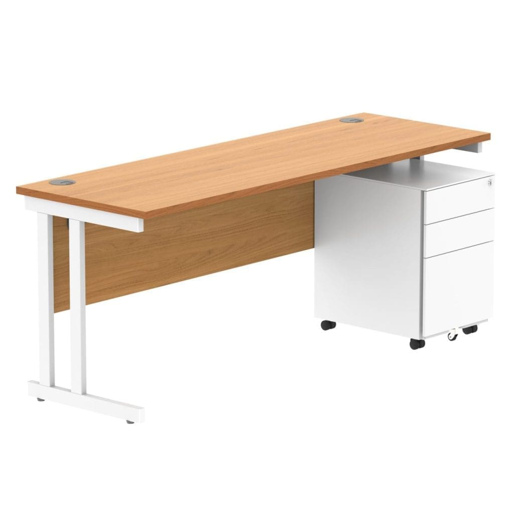 Rectangular office desk with under-desk steel pedestal and double upright frame