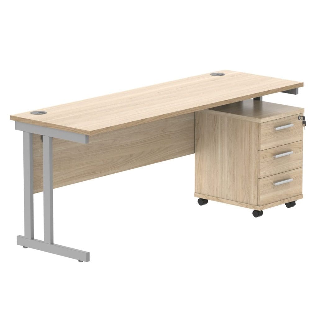 Rectangular office desk with three-drawer mobile pedestal and steel cantilever frame
