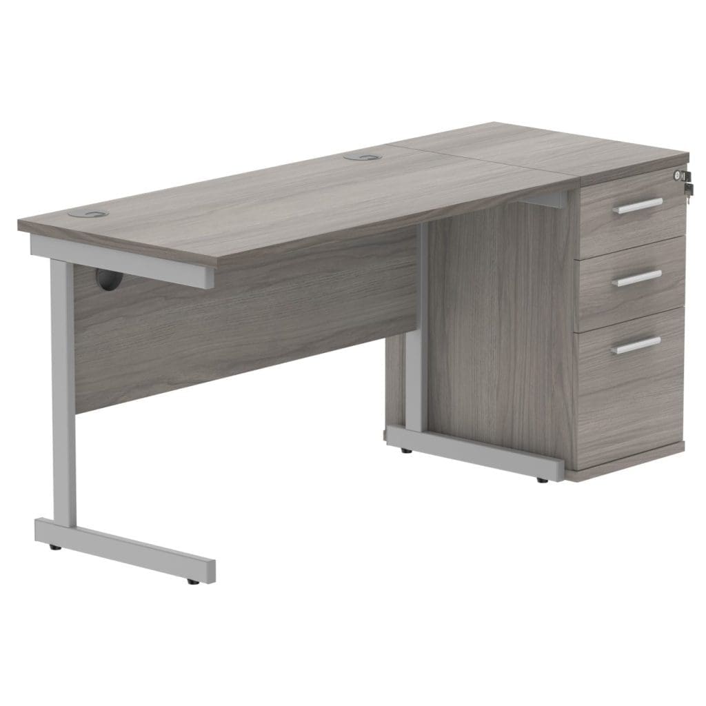 Rectangular desk with single steel frame and matching desk high pedestal