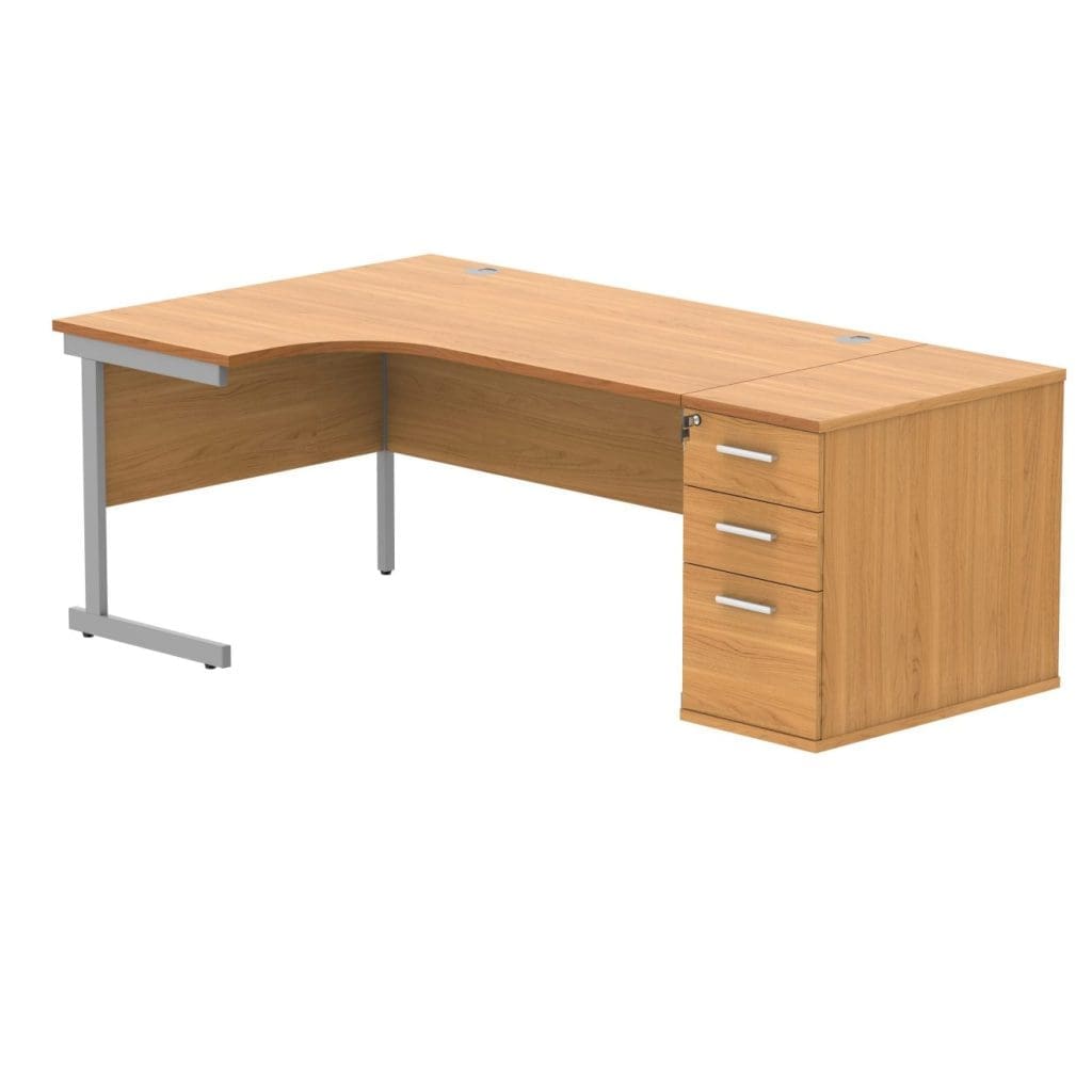 Left hand desk with desk high pedestal and steel frame in wood finish