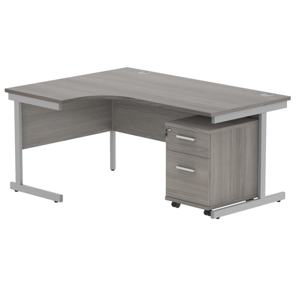 Left hand radial desk with 2 drawer mobile pedestal and steel frame