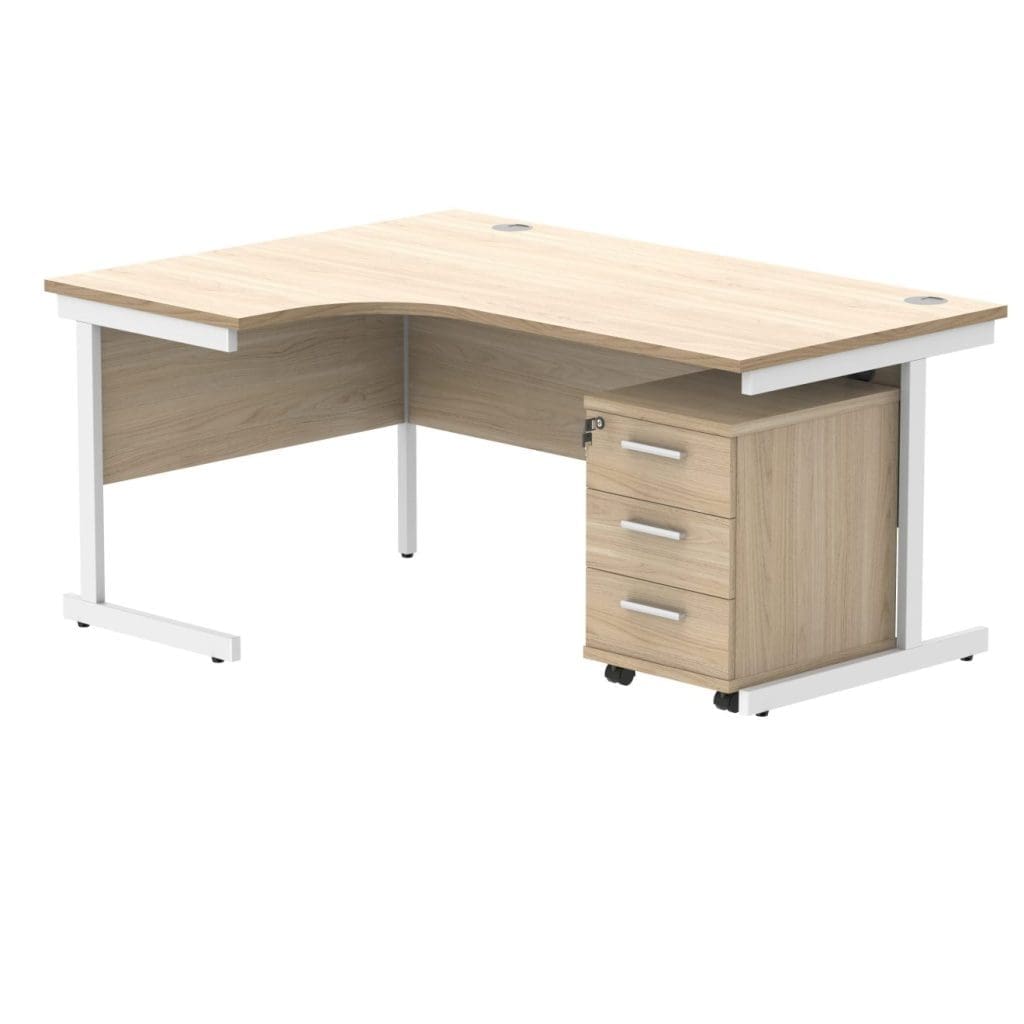 Left hand radial desk with 2 drawer mobile pedestal and steel frame
