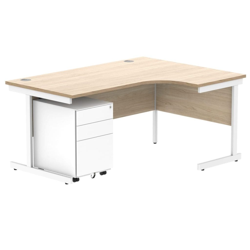 Right hand radial office desk with steel frame and pedestal
