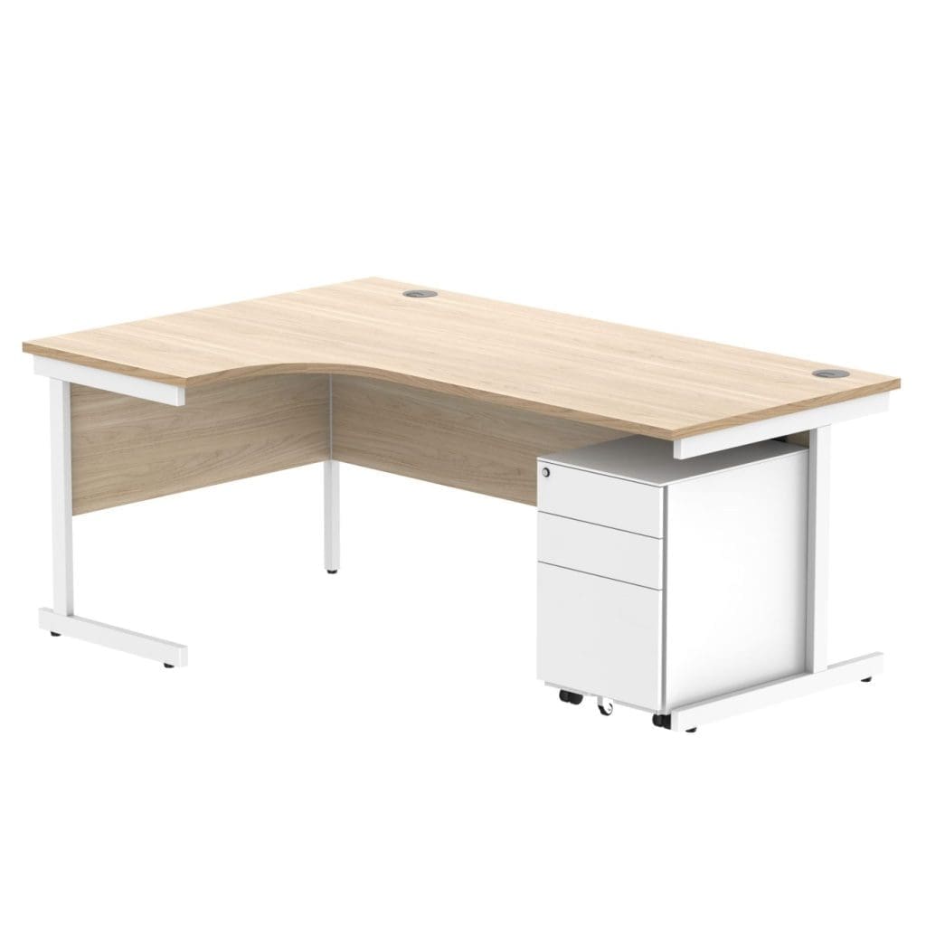 Left hand radial office desk with steel frame and storage pedestal