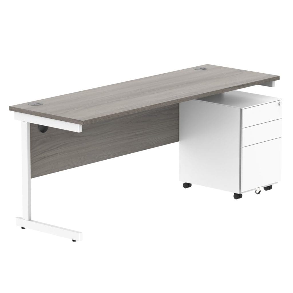 Rectangular office desk with pedestal and single upright steel frame