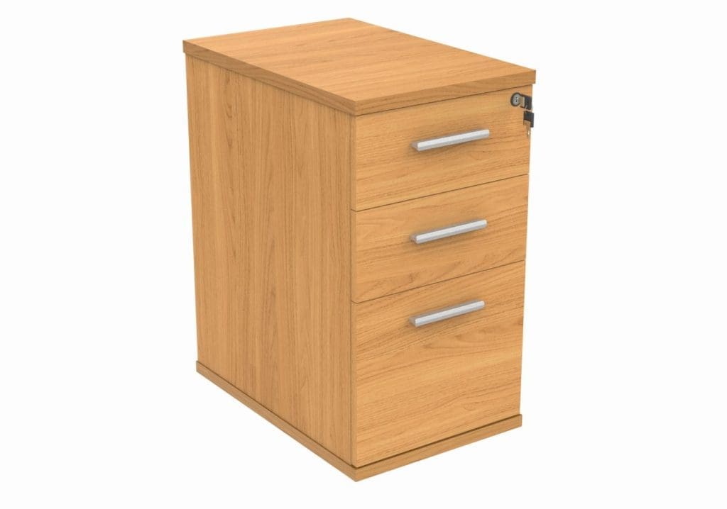 Desk high pedestal with three drawers and lockable top beside matching office desk