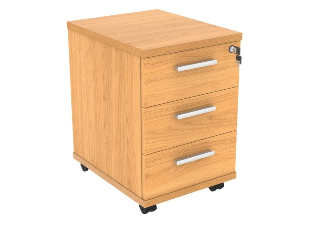 Two-drawer mobile under desk pedestal with castors and lockable top drawer in wood finish