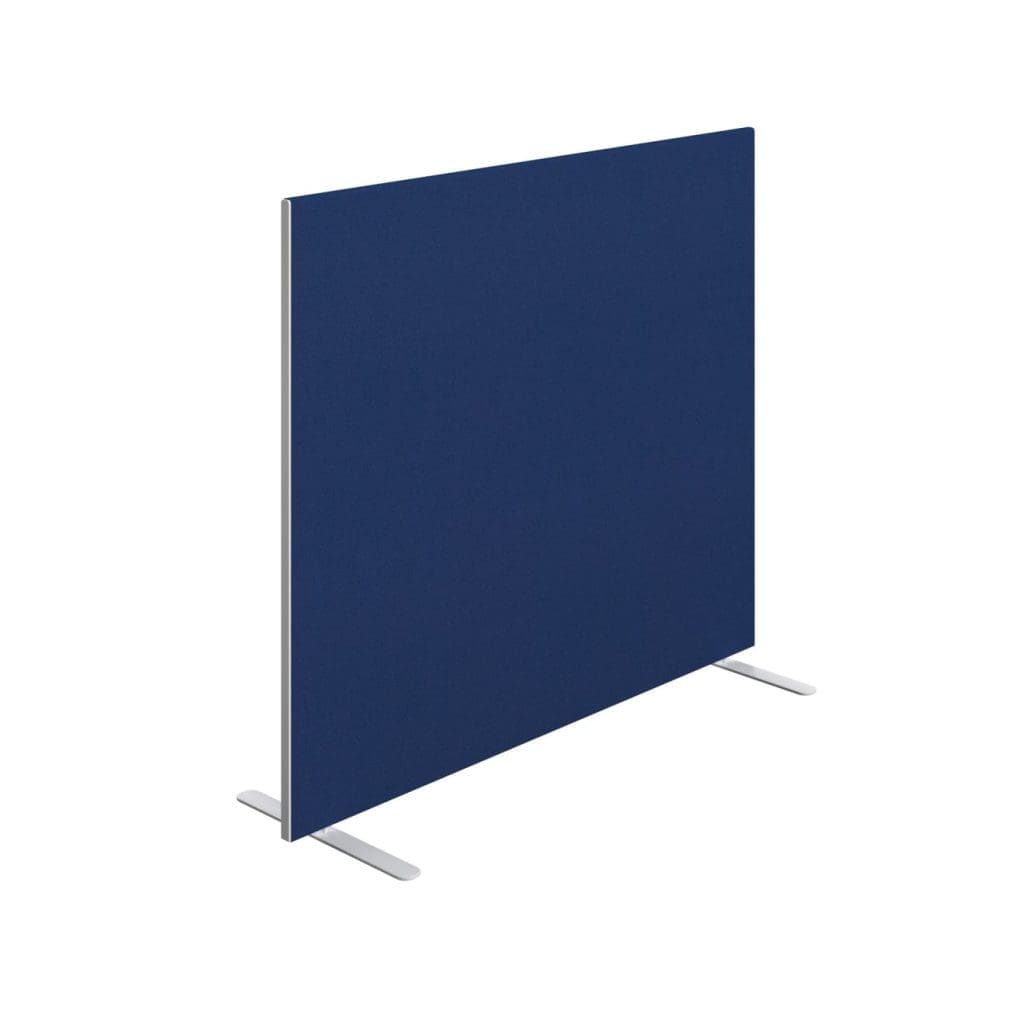 Floor standing office screen with fabric upholstery and white trim dividing open-plan space