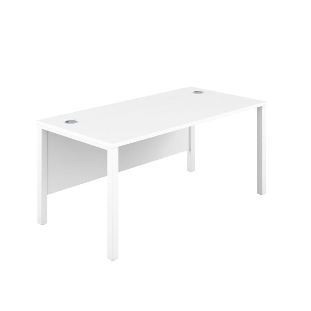 Rectangular office desk with modern steel goalpost legs, cable ports, and modesty panel