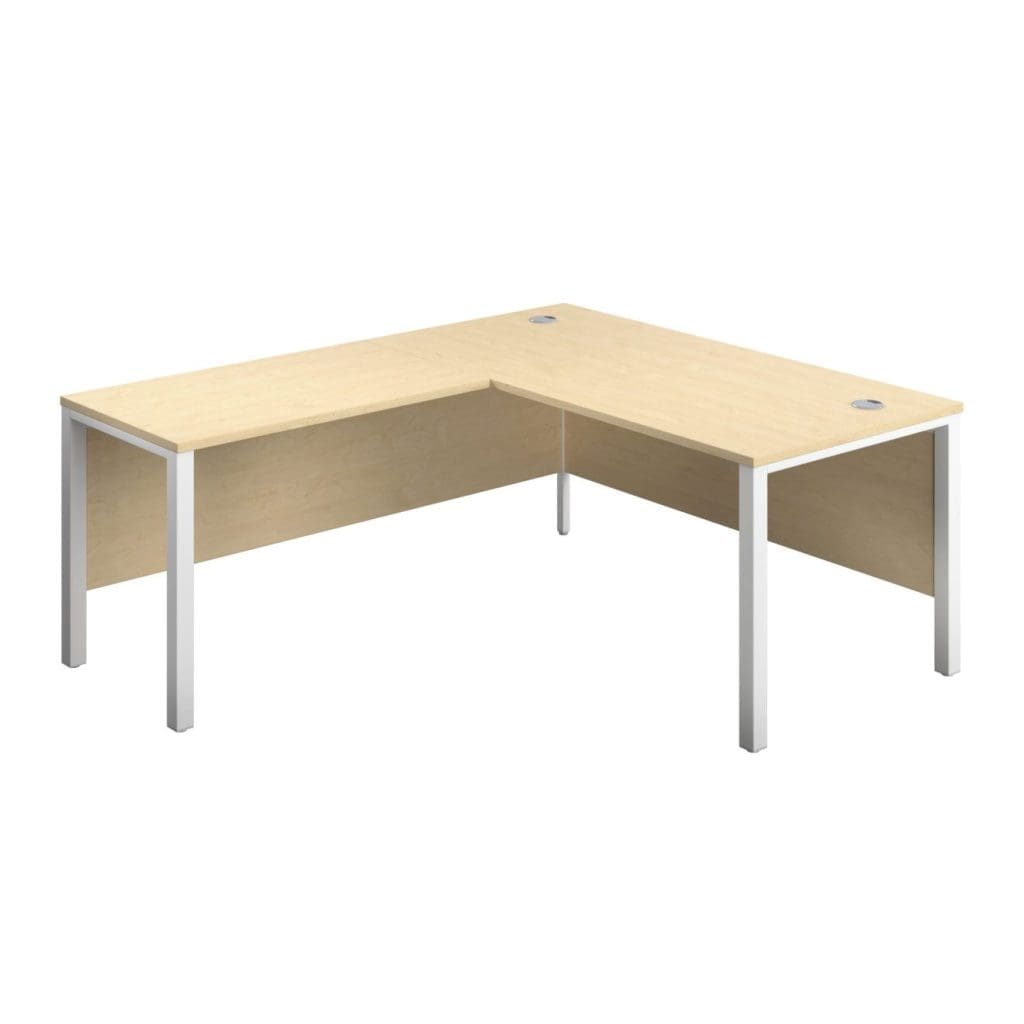 Left hand return office desk with steel goalpost legs, modesty panel, and cable ports