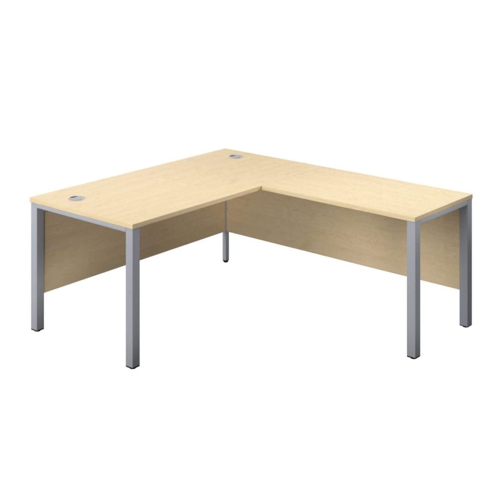 Right hand return desk with goalpost legs, cable ports, and modern wood finish