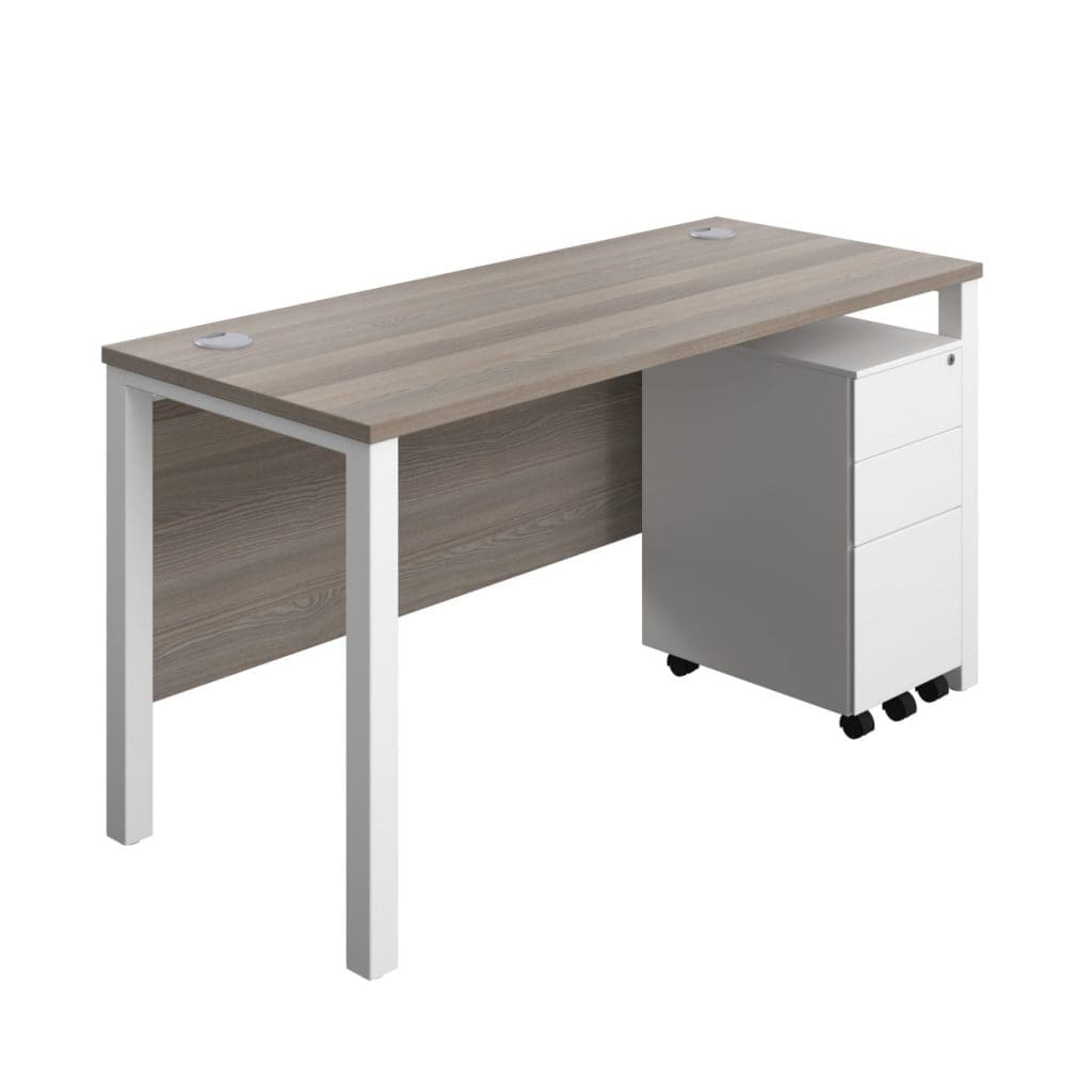 Rectangular office desk with modern goalpost legs, modesty panel, and cable ports
