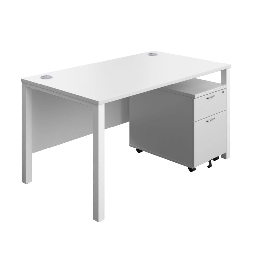 Rectangular desk with goalpost steel legs, modesty panel, and built-in cable ports