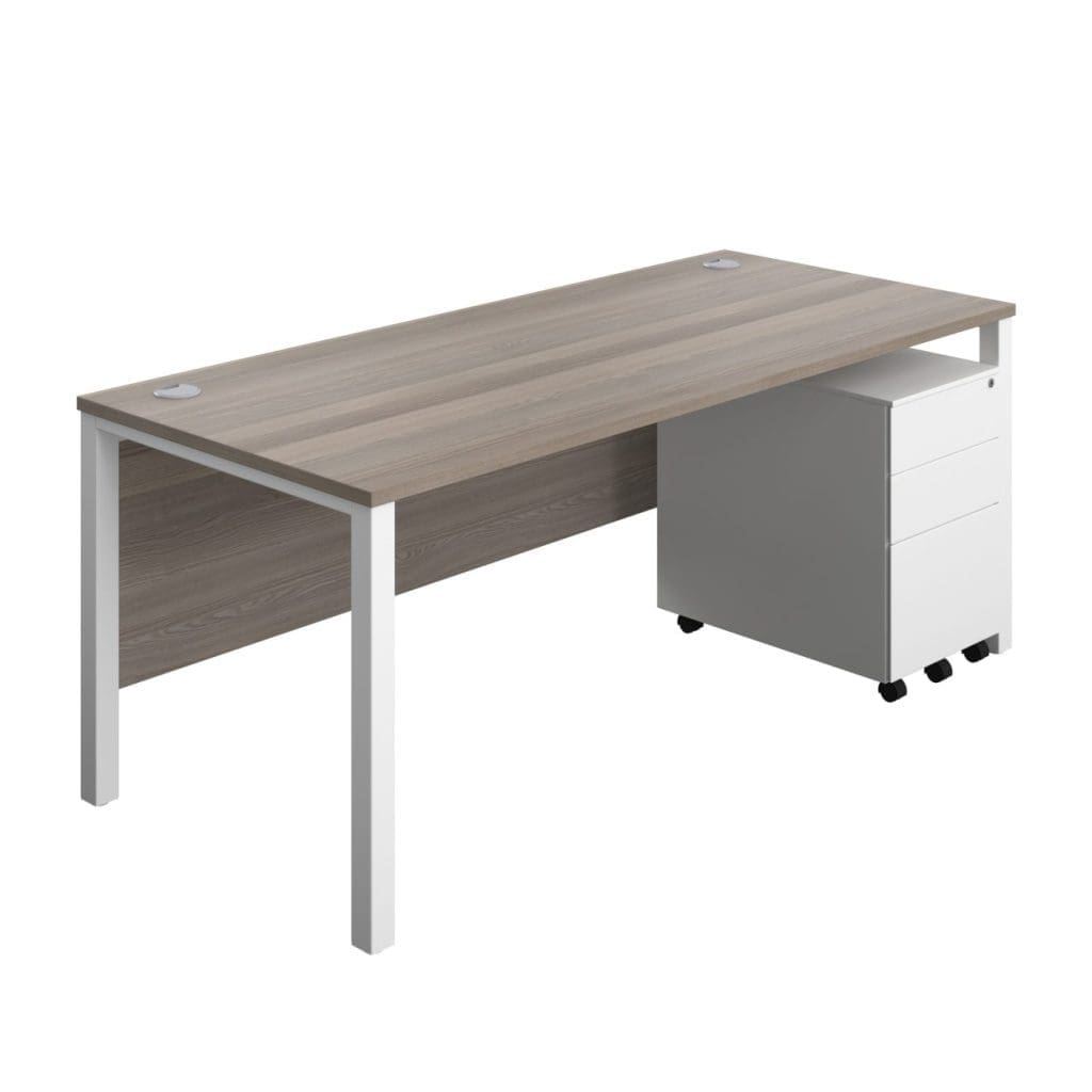 Modern rectangular desk with goalpost legs, modesty panel, and integrated cable ports