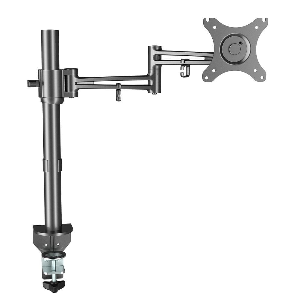 Pole-mounted monitor arm holding single screen with cable clips on minimalist desk