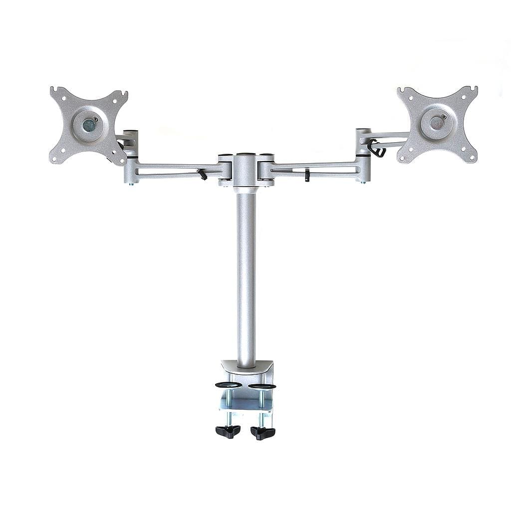 Twin monitor arm supporting two screens with through-desk mount and cable clips