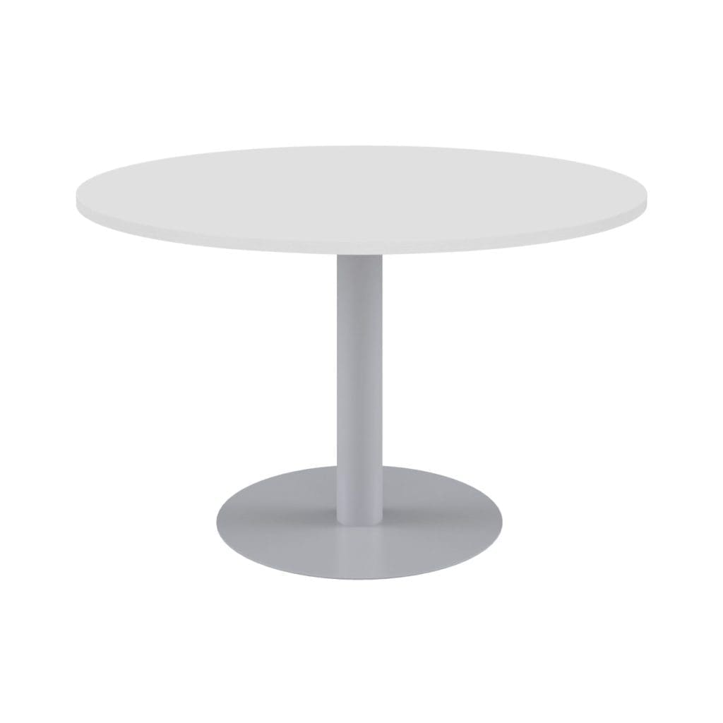 Contemporary circular meeting table with central leg and wide base in a modern office