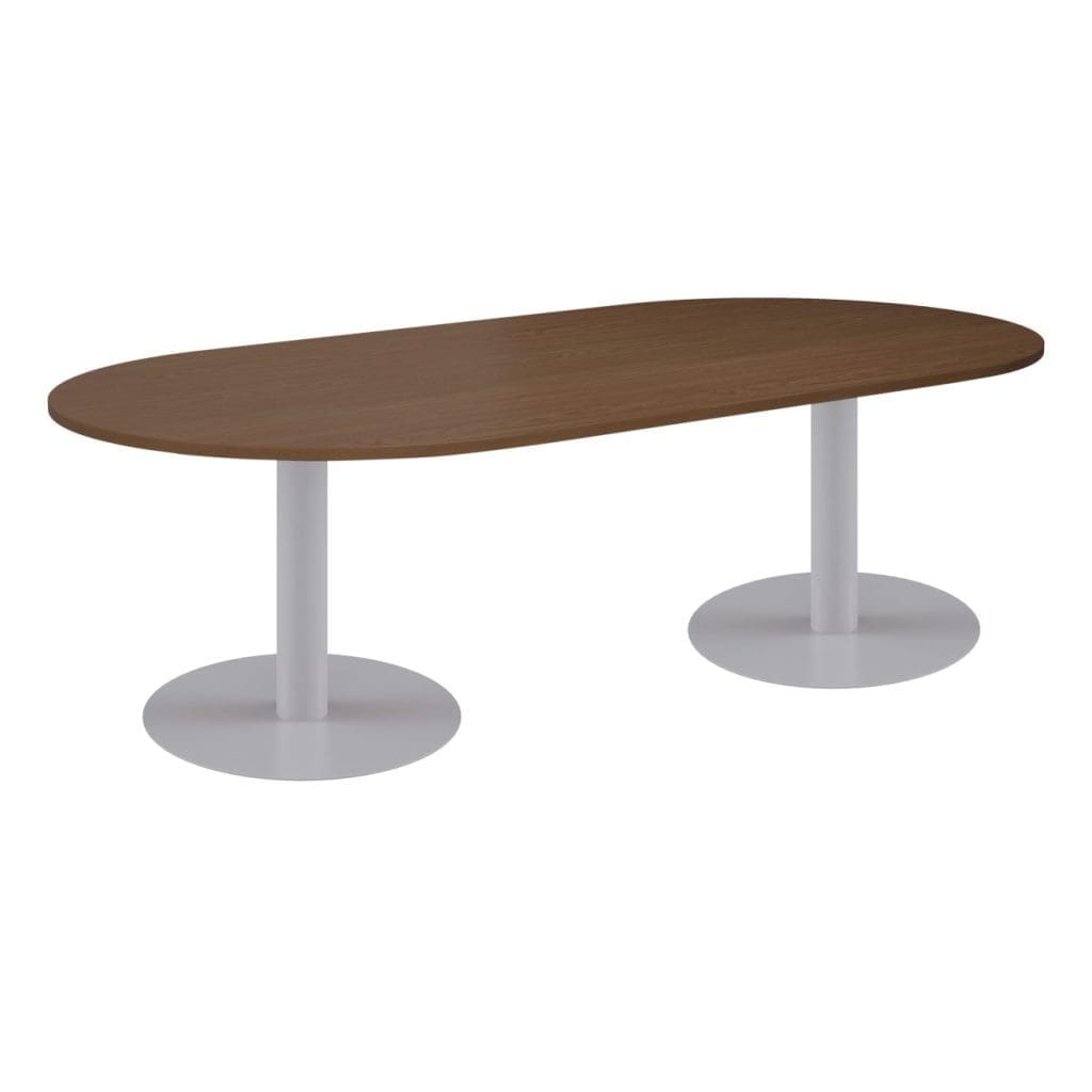 Meeting table with radial ends, twin central legs, and wide base in a contemporary office