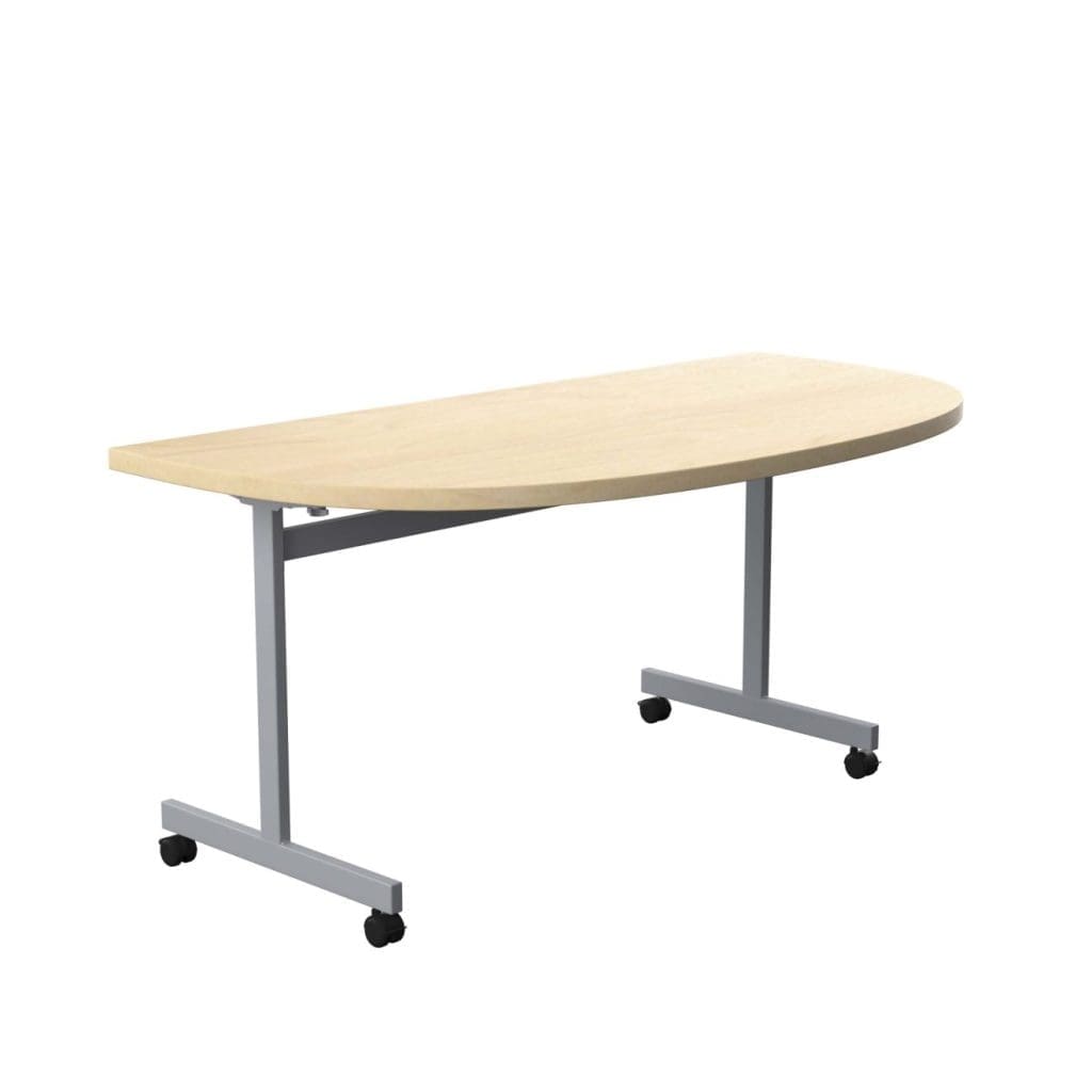 D-End tilting table with curved top, lockable castors, and steel frame for flexible office use