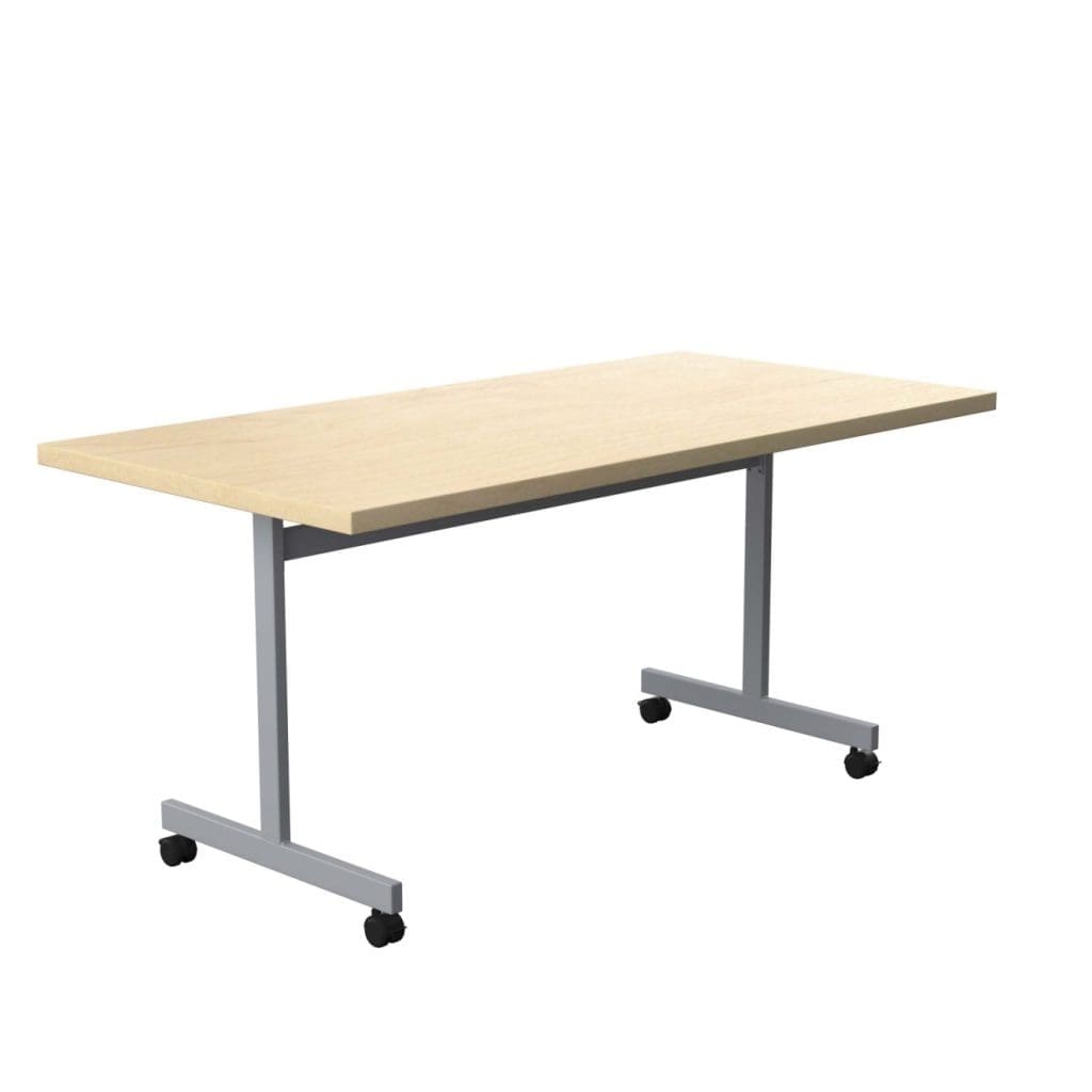 Rectangular tilting table with adjustable top, steel frame, and lockable castors