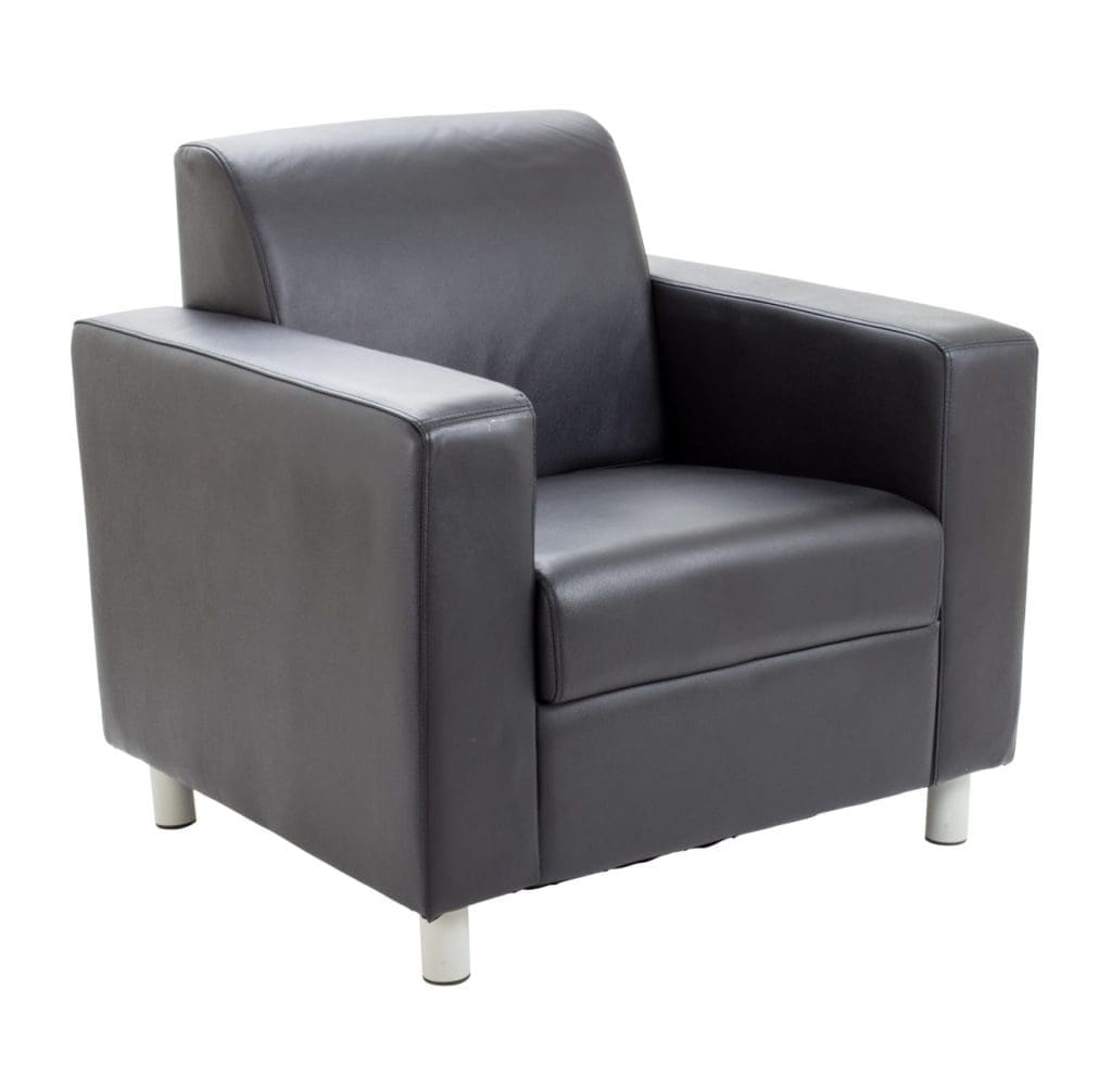 Compact leather reception chair with silver legs