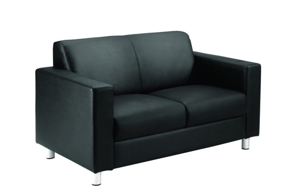 Iceberg leather-faced sofa with silver metal feet in modern reception setting