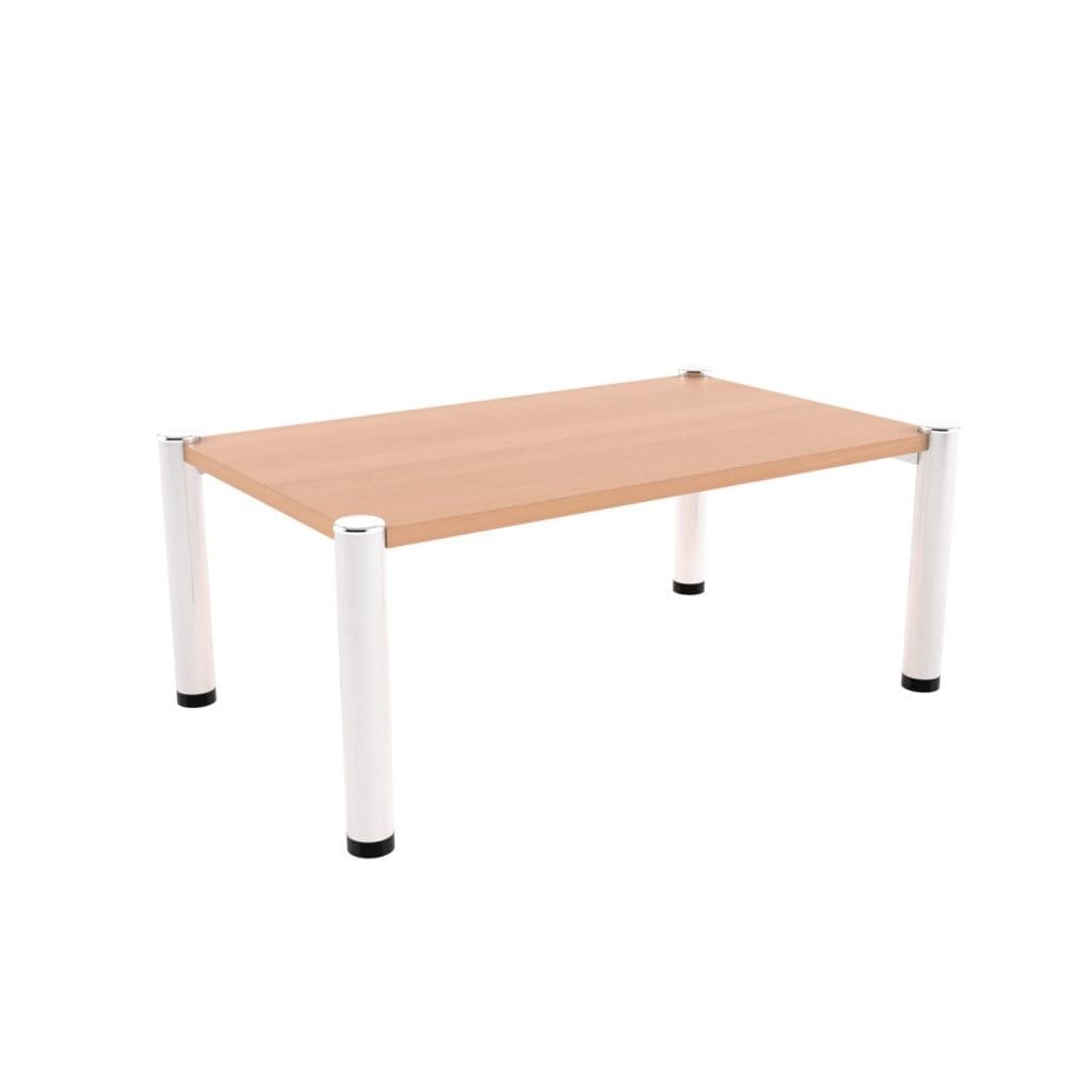 Reception rectangular coffee table with wooden top and chrome-capped metal legs