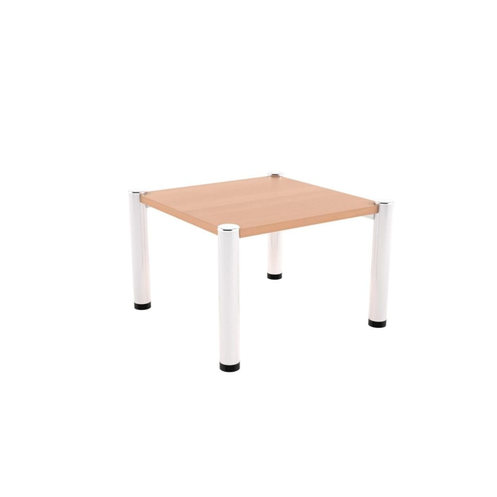 Reception square coffee table with wooden top and chrome-detailed metal legs