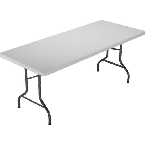 Folding table with off-white plastic top and dark grey steel legs in training room setup