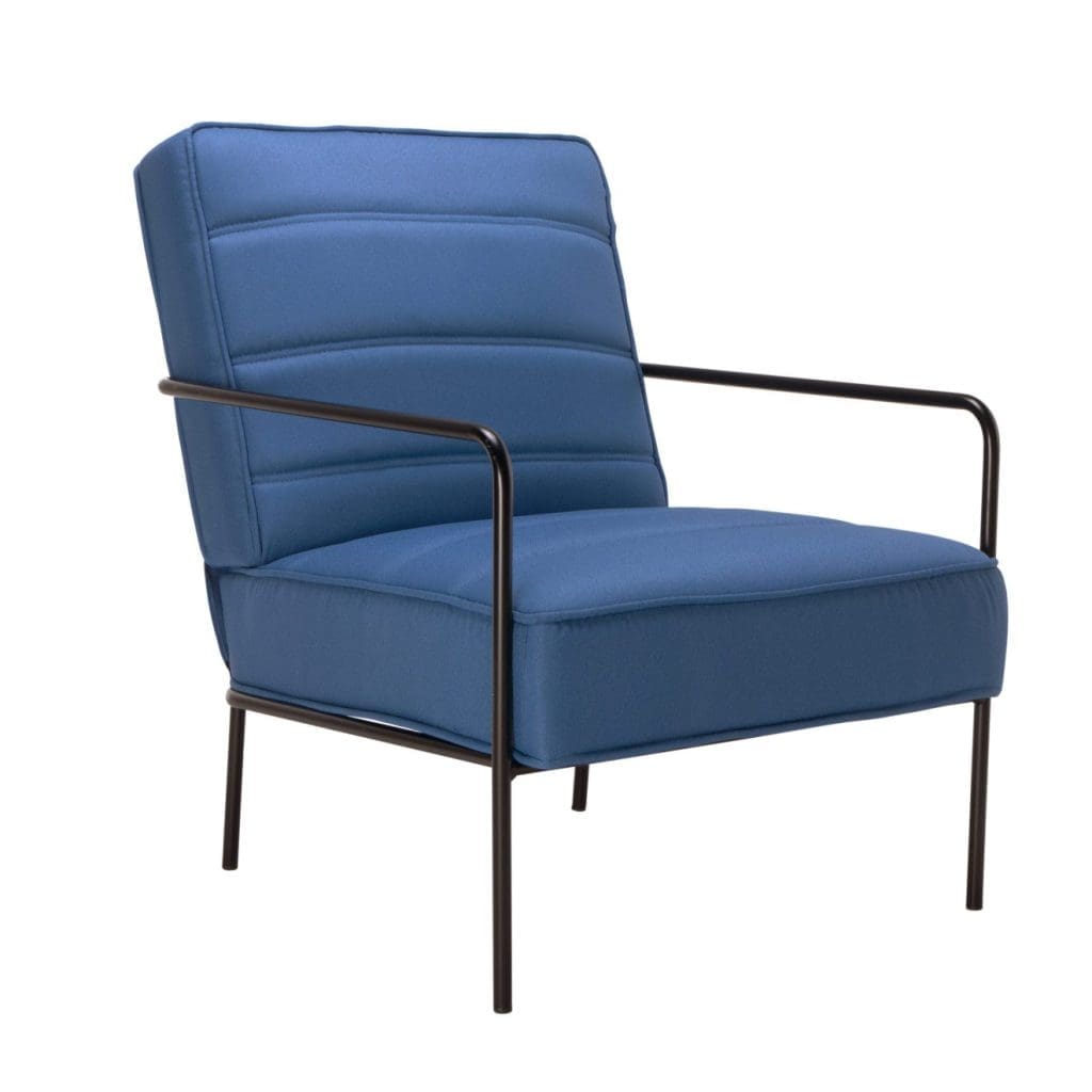 Modern armchair with soft grey fabric and black steel frame in office lounge area