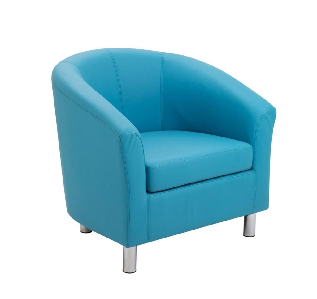 PU upholstered tub armchair with metal legs and cushioned back in a modern office lounge