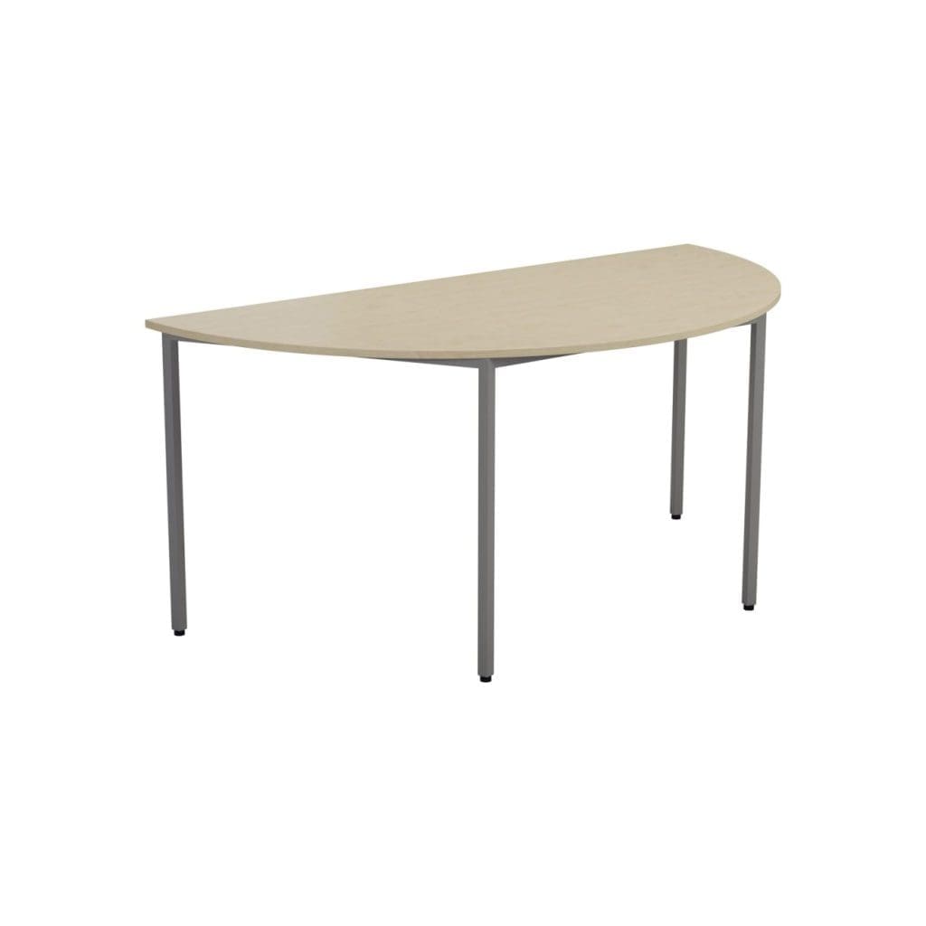 Semi-circular office meeting table with steel legs and heat-resistant top