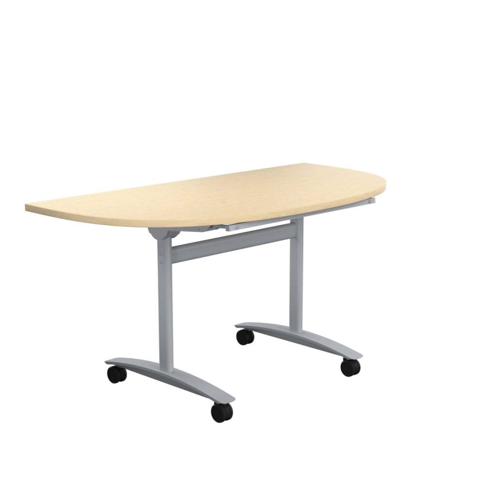 D-End tilting table with silver legs, adjustable top, and space-saving nesting function