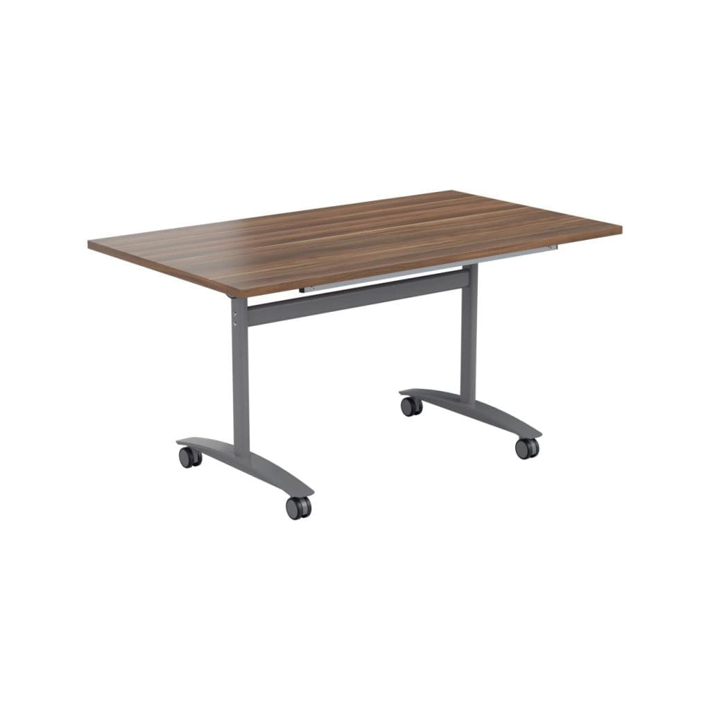 Rectangular tilting table with angled top, lockable castors, and fold-flat steel frame