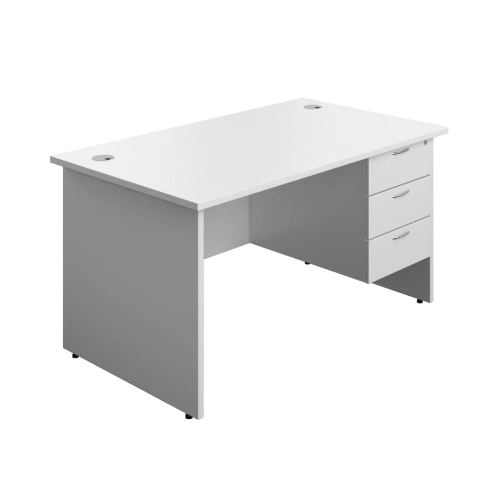 Panel rectangular desk with matching legs, modesty panel, and integrated grey cable ports