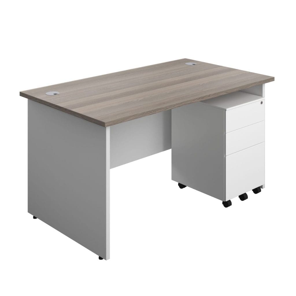 Rectangular panel office desk with white legs, modesty panel, and grey cable ports