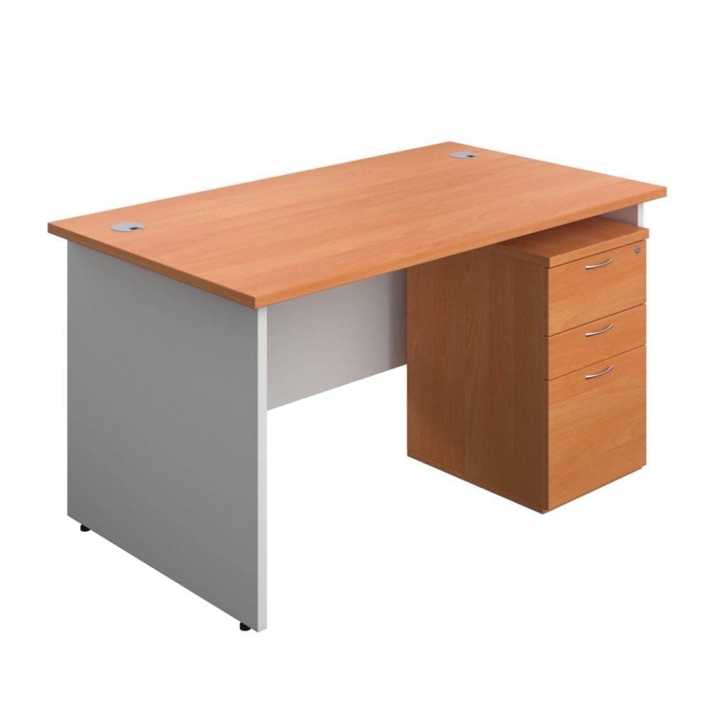 White leg rectangular panel desk with modesty panel and grey cable ports