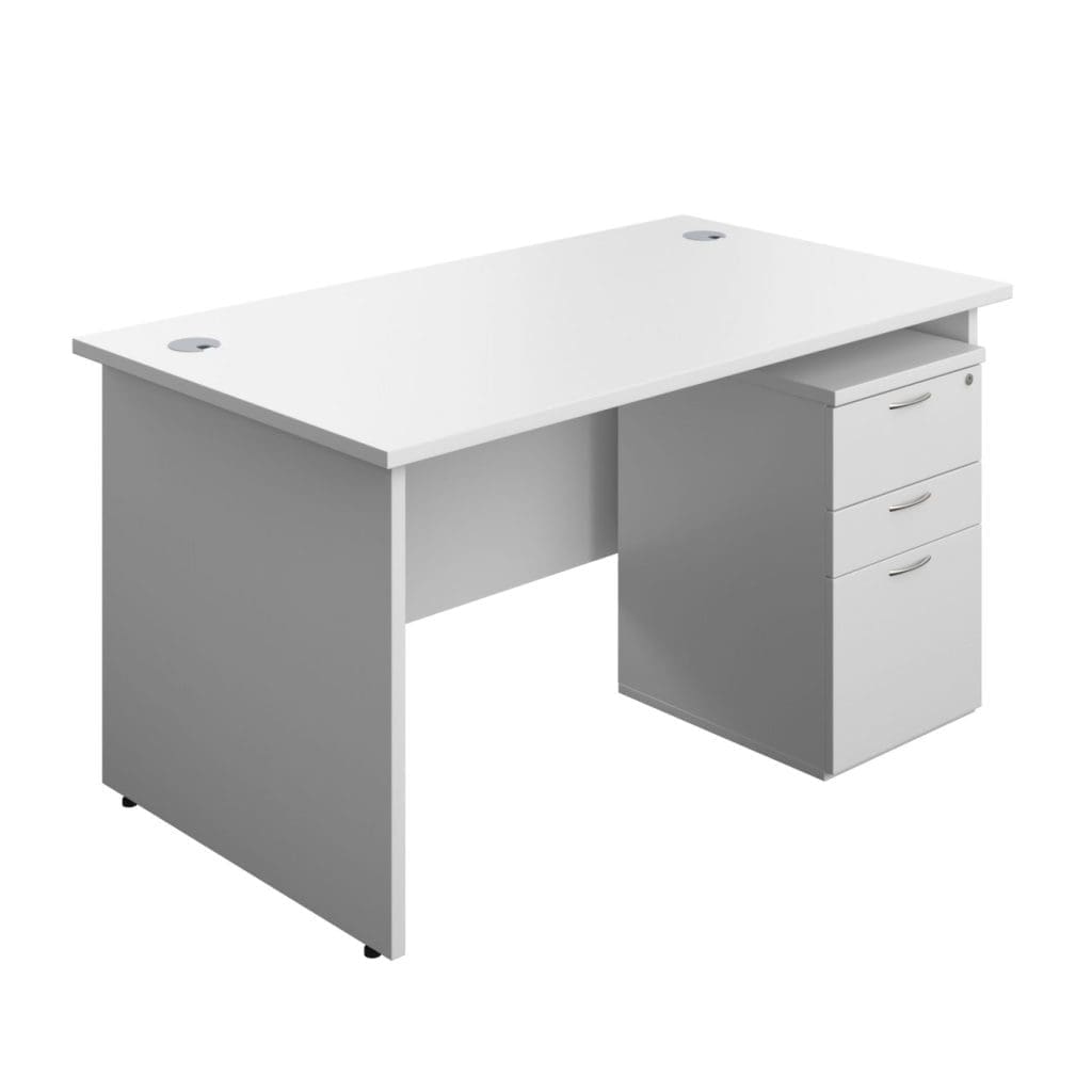 Modern rectangular panel desk with matching legs, modesty panel and grey cable ports